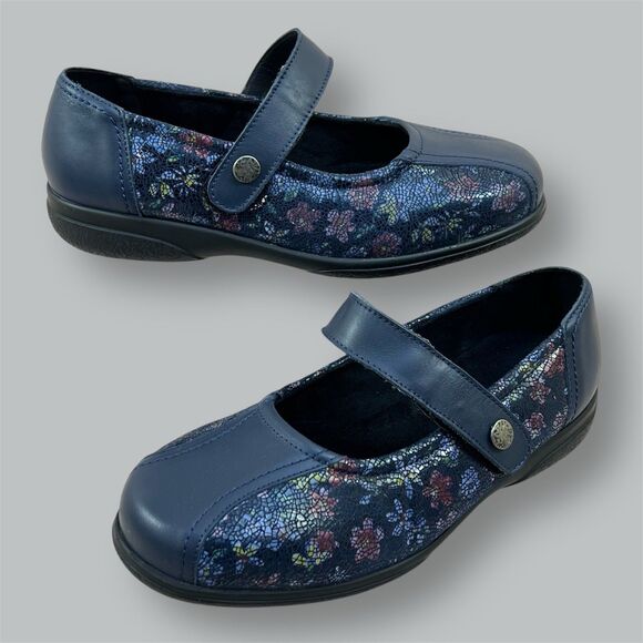Cosyfeet Laura Shoes Women 9 Navy Blue Floral Mary Jane Extra Roomy Comfort Flat - Picture 1 of 16